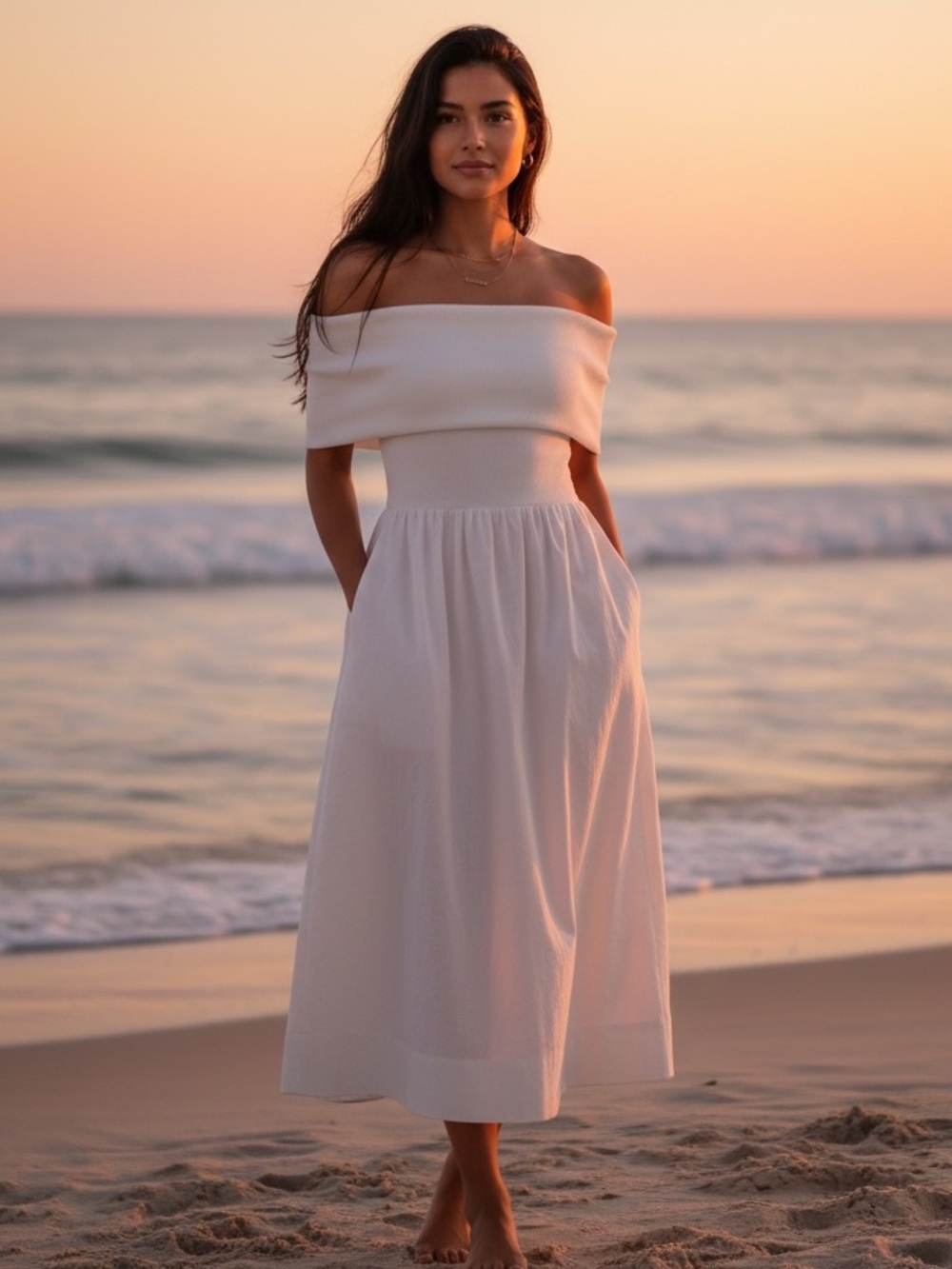 Medium Greylin White Marjorie Media Off Shoulder Midi Dress